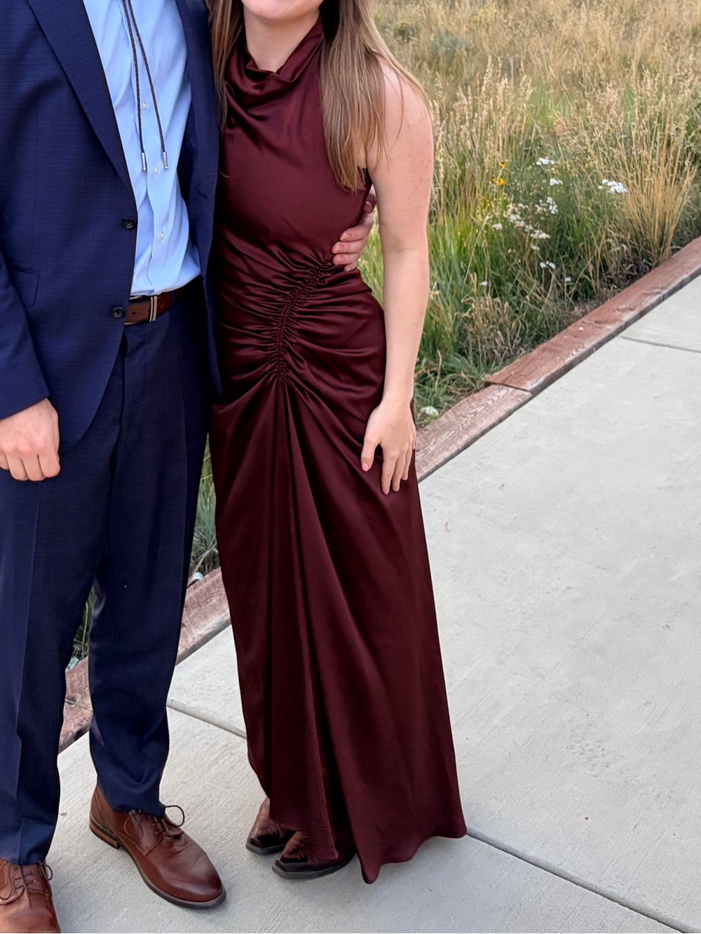 ANTONIO MELANI Satin Ruched Maxi Dress in Deep Burgundy (Raisin)